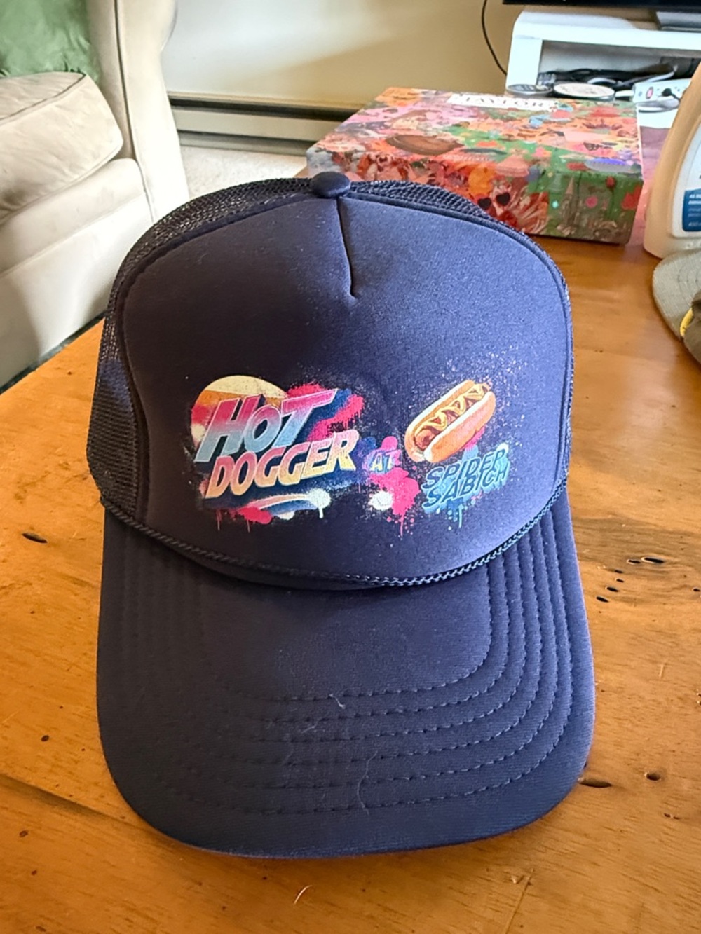 Navy Trucker Hat with Colorful 'Hot Dogger' Graphic